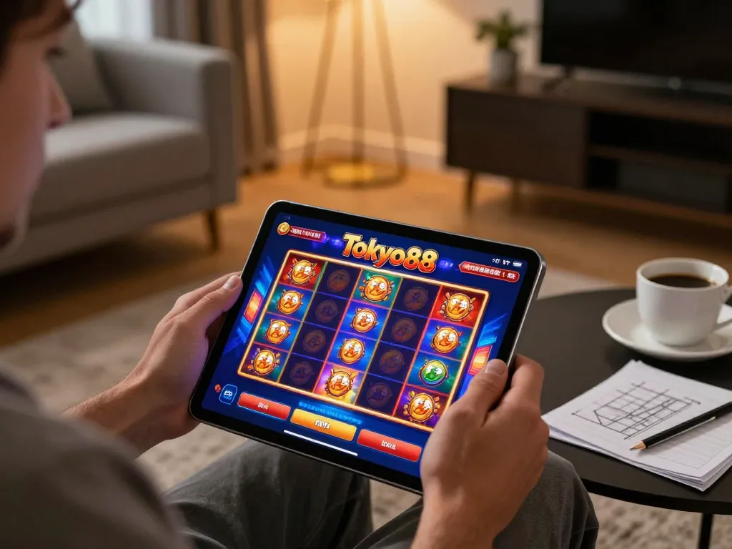 Jelajahi aplikasi tokyo88 yang menarik saat pemain memutar gulungan pada permainan slot online yang cerah.