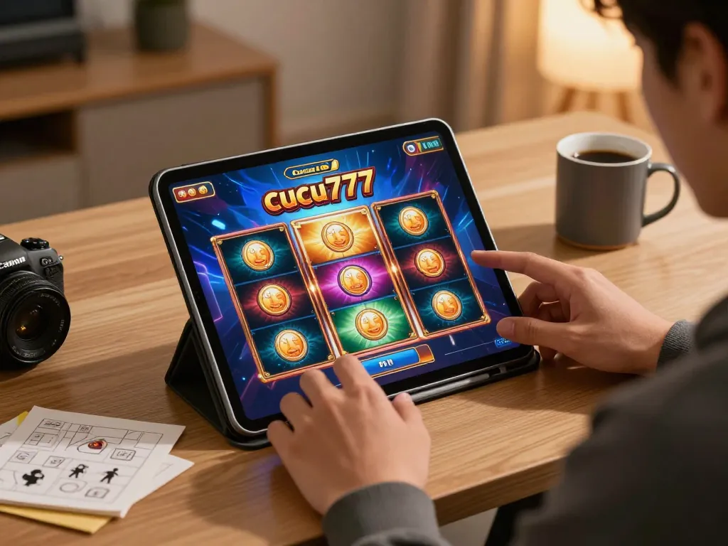 Cucu777 gaming session on tablet in cozy home environment with engaging graphics.