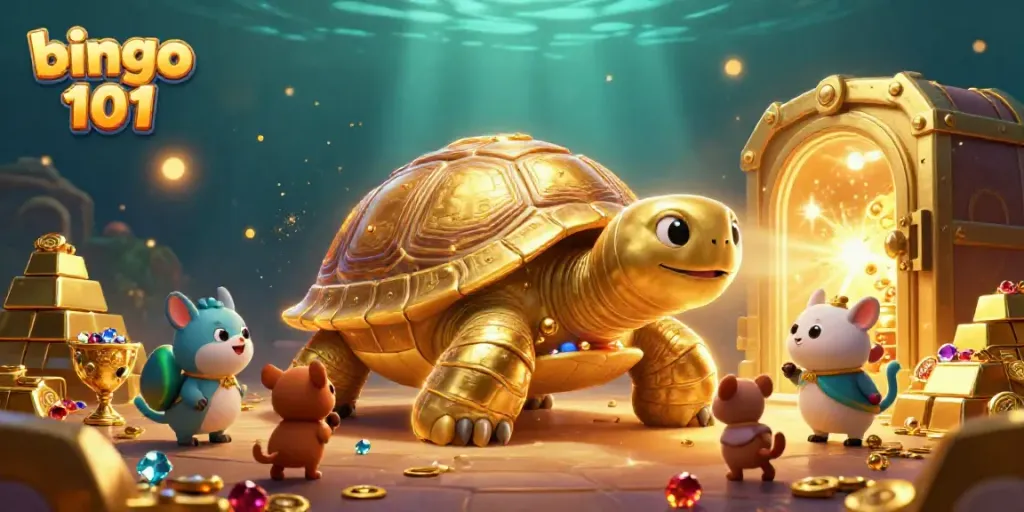 Engage in thrilling bingo 101 gameplay with a vibrant digital casino illustration of a fun tortoise and treasure elements.
