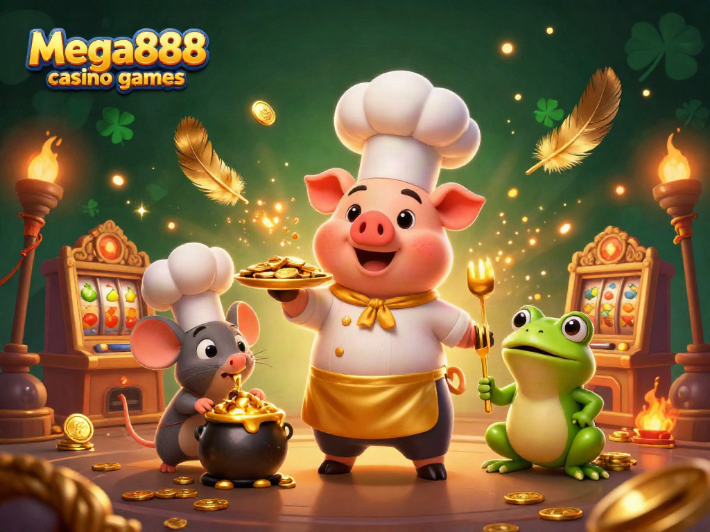 Enjoy thrilling Mega888 casino games amidst a vibrant 3D scene of lively characters and exciting elements.