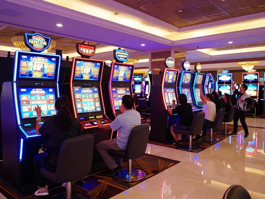 Players celebrating wins at slot gacor hari ini machines amidst a colorful casino atmosphere.
