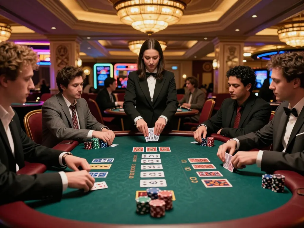 Engaged players at a high-stakes blackjack game in a Las Vegas casino representing online usa casinos thrill.