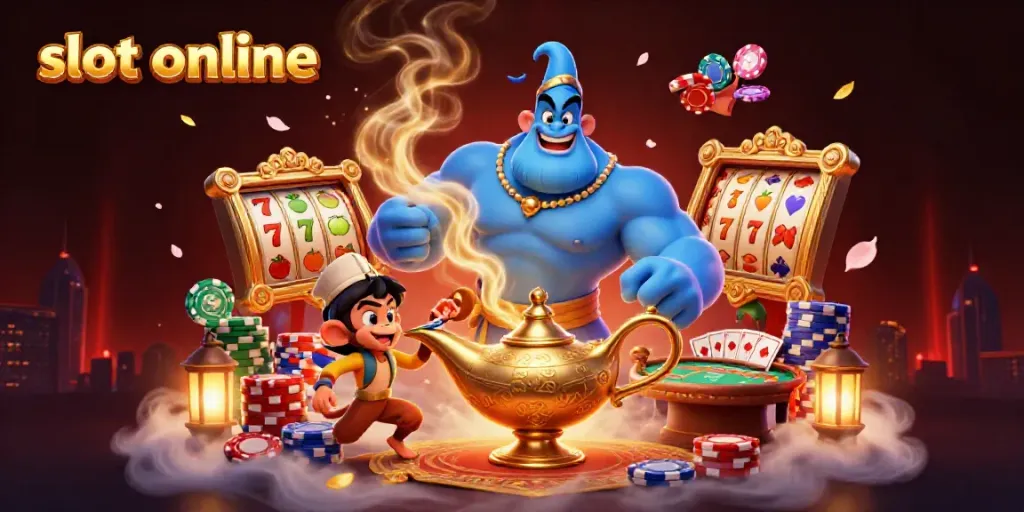 Experience thrilling gameplay with slot online featuring a genie, monkey, and scattered jackpot reels.