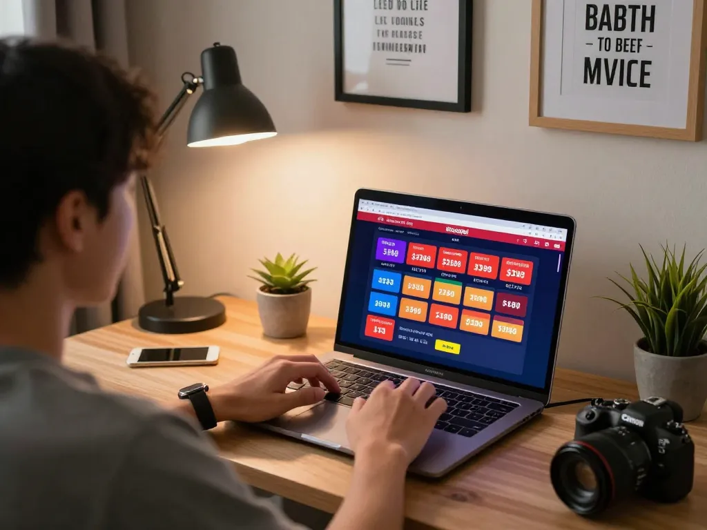 Terlibat dalam taruhan situs togel online dengan laptop di rumah, menunjukkan permainan yang fokus.