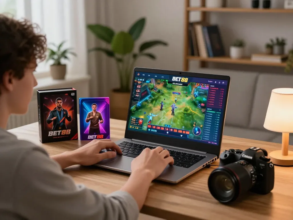 Experience thrilling gameplay at Bet88 with a player engaged in strategic betting from a cozy home setting.