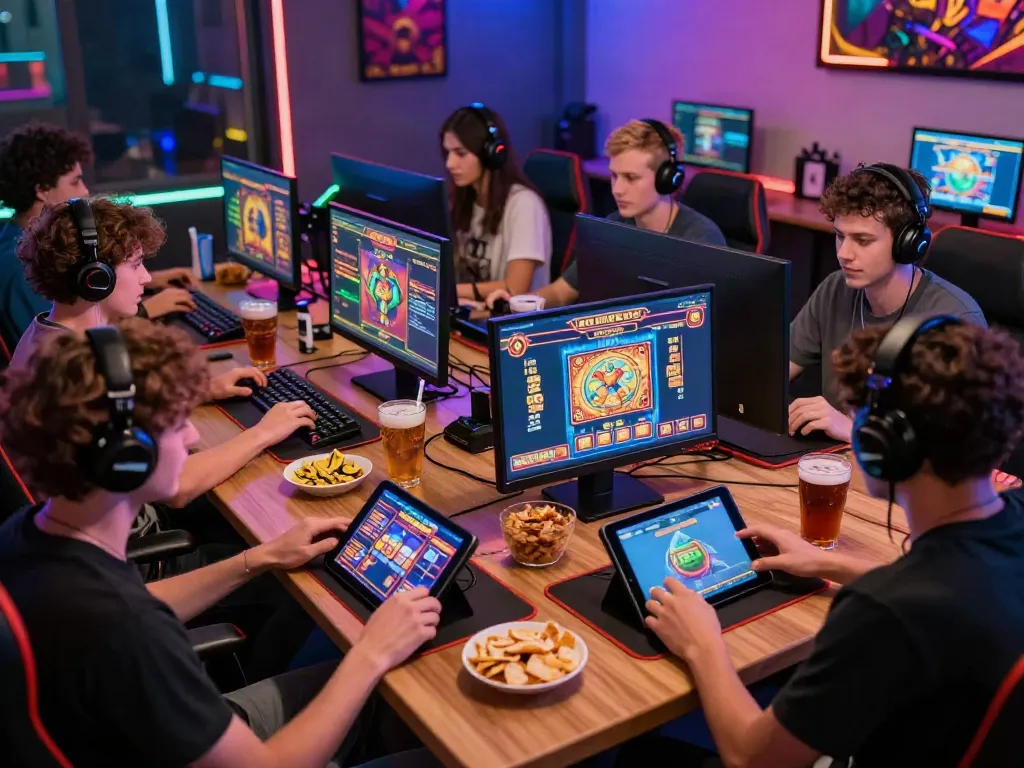Dynamic online gaming scene with akunjp players enjoying slot games and snacks.