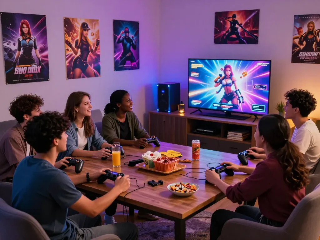 Exciting gaming night with friends enjoying sex games on TV, colorful atmosphere and lively interactions.