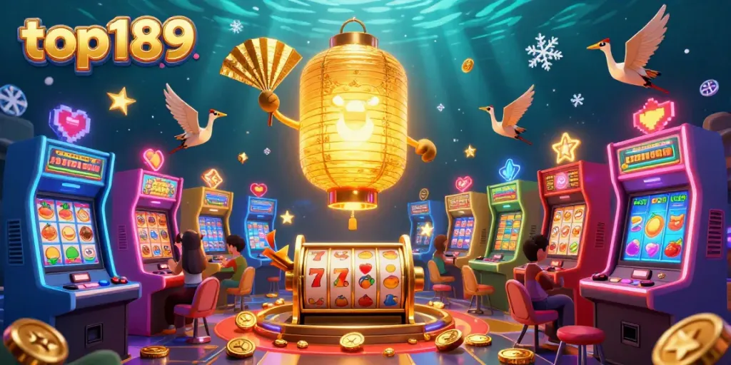 Experience the thrilling environment of top189 with golden lanterns and slot machines lighting up the casino atmosphere.