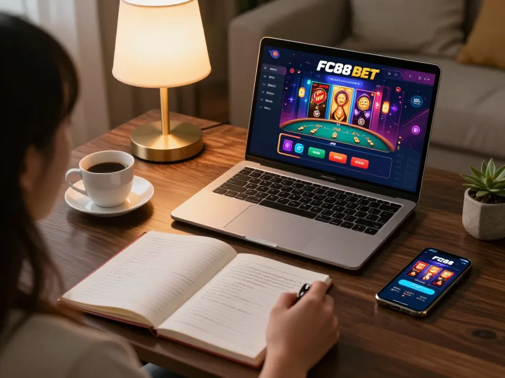 Engaging online gaming scenario with FC88 BET as a player navigates casino options on a laptop, promoting responsible gambling.