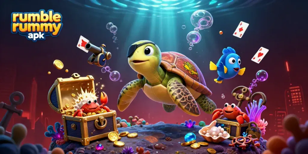 Experience the excitement of rumble rummy apk with this vibrant underwater gaming scene featuring treasure and characters.