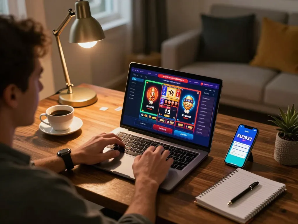 Player enjoying online casino games with the KU3933 app in a cozy home office setting.