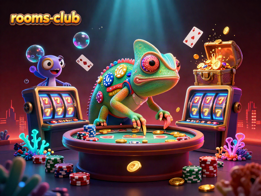 Gambarkan pengalaman kasino menarik di rooms-club dengan chameleon yang meraih koin emas di putaran mesin slot.