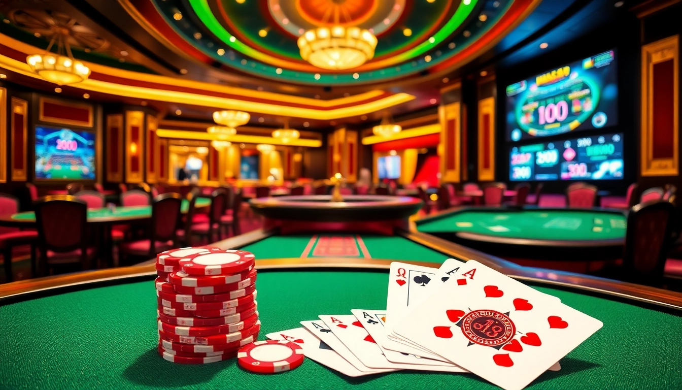 Experience a thrilling game at DH88's luxurious casino with vibrant poker chips and cards.