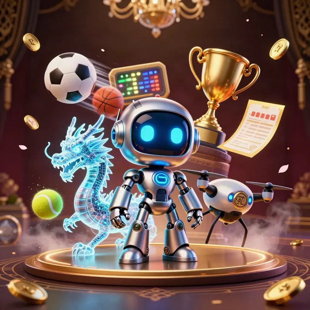 Cyberpunk robot, holographic dragon and drone amid flying sports balls, gold coins and royal casino glow.