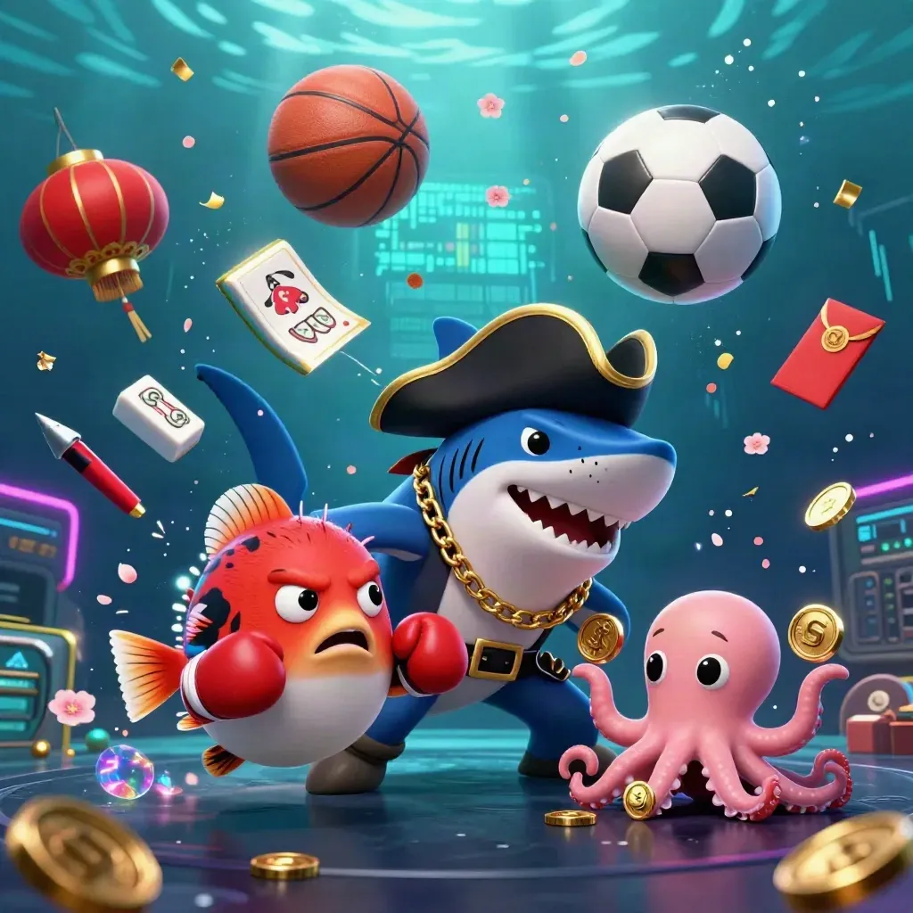 Pirate shark, pufferfish and octopus amid a soccer ball, coins and casino effects underwater.
