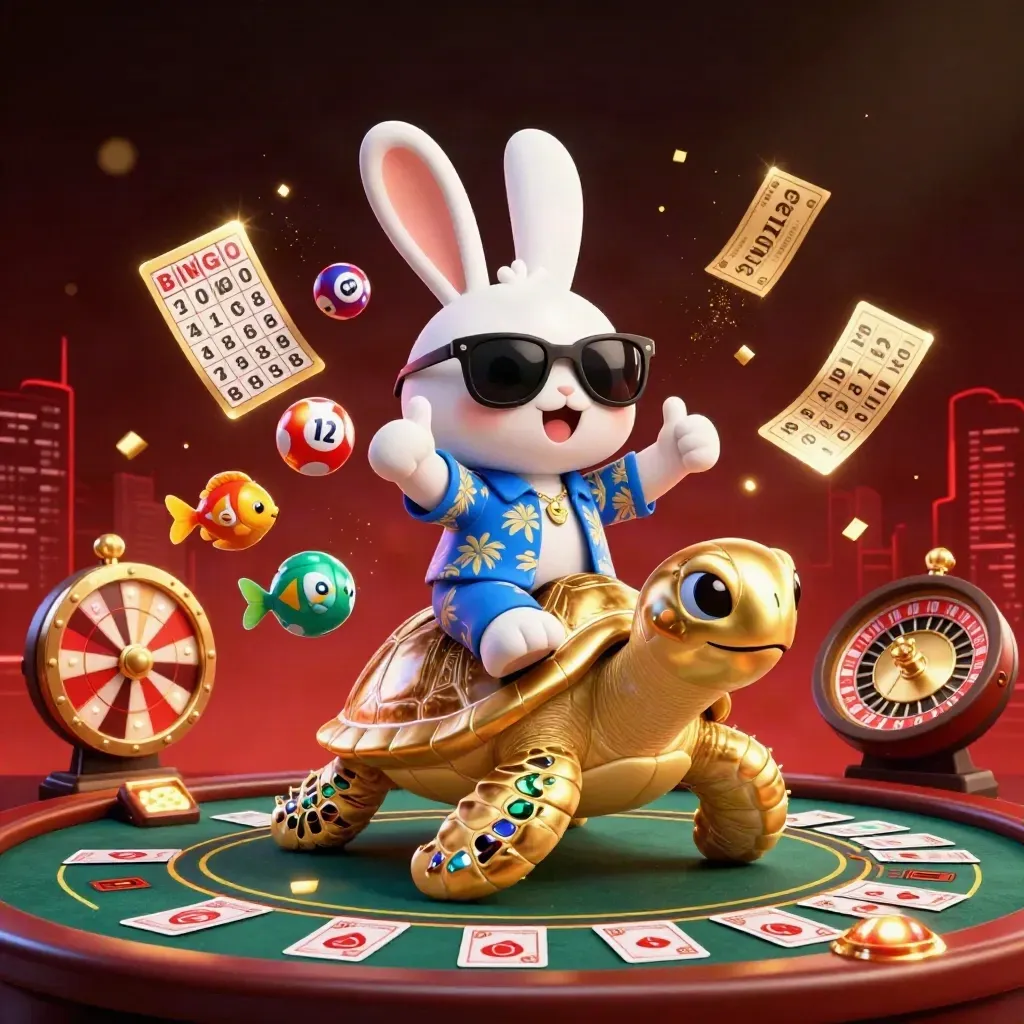 Lucky rabbit on golden sea turtle amid casino sparks and roulette action in royal blue, gold and emerald.