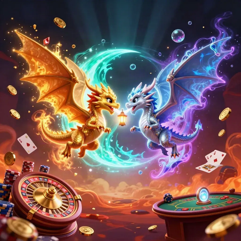 Twin gold and silver dragons spiral around a lantern spirit amid coins, cards and a spinning roulette wheel.