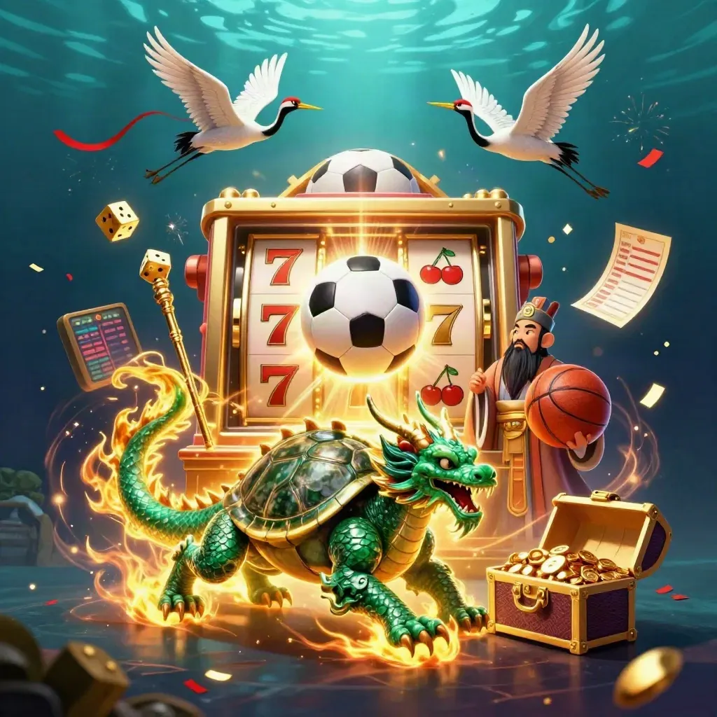 Fantasy casino sports key art with dragon, turtle, cranes, slot machine, balls, and gold.