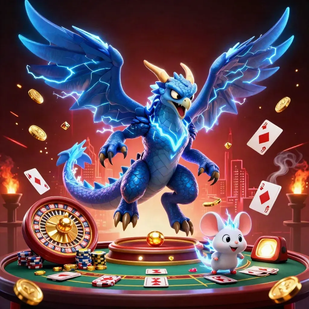 Lightning dragon trio with coins, roulette wheel, chips, and blackjack table in a luxe casino glow.