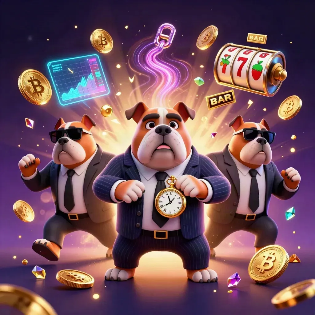 Bulldog mob boss with two Dobermans amid coins, lightning, reels, and treasure in a neon casino scene.