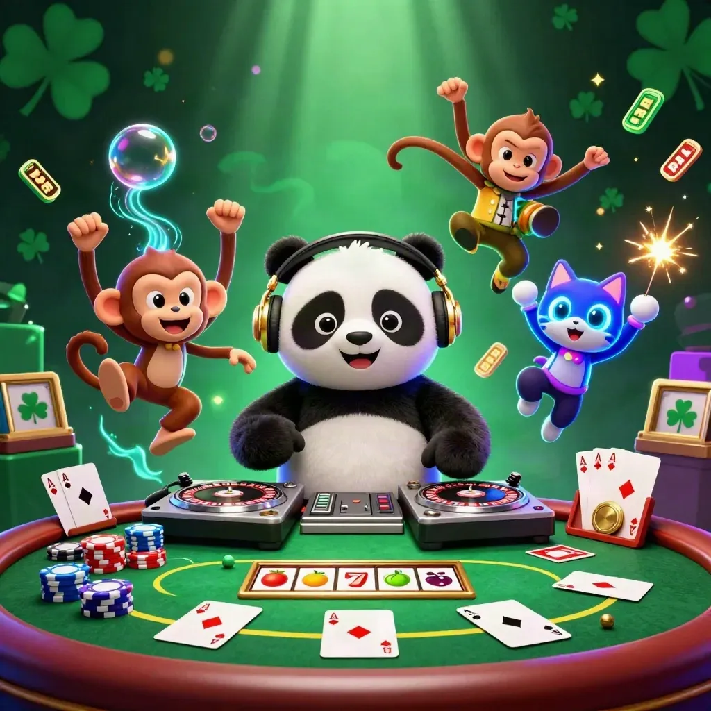 DJ panda, breakdancing monkey, and glow-stick kitten amid casino chips and glowing slots