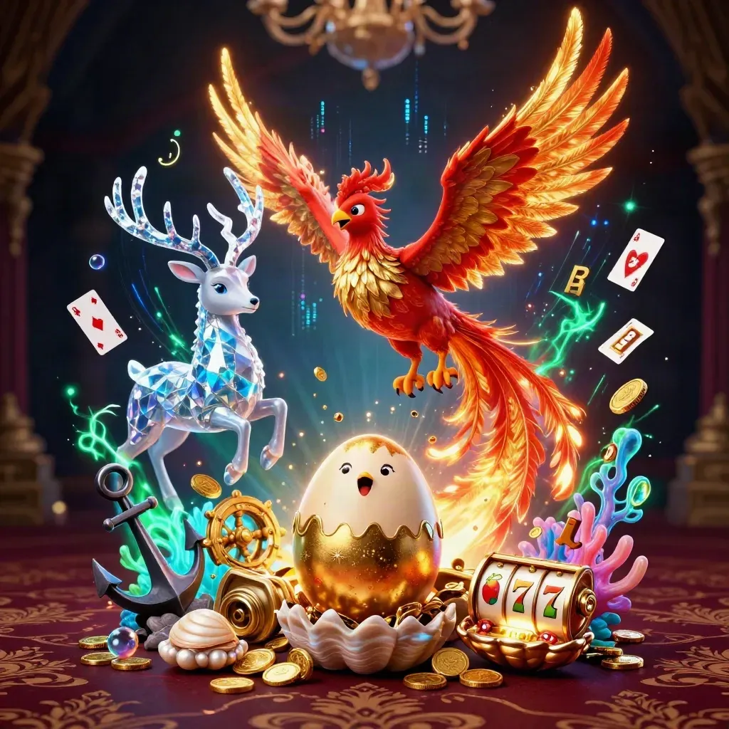 Phoenix trio amid treasure cove, royal-blue neon, gold damask, and casino sparks.