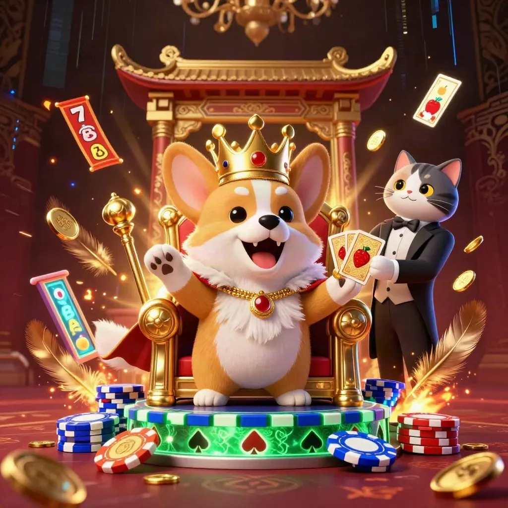Royal corgi and cat butler in a lavish casino scene with coins, temple gate, and neon energy.