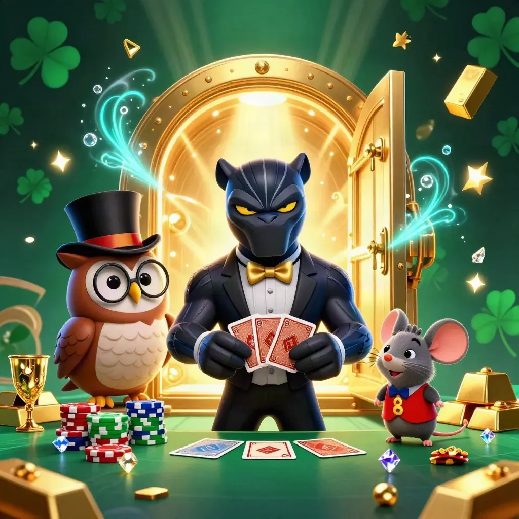 Panther, owl, and mouse burst from a glowing gold vault in cyan-lit casino fantasy art.