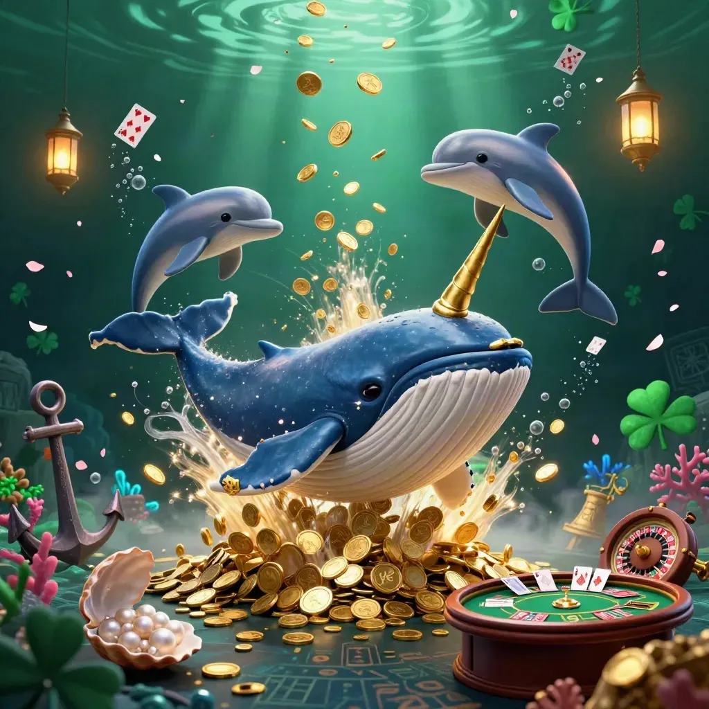 Whale captain, narwhal, and dolphins bursting through coins with treasure, cards, and casino lights