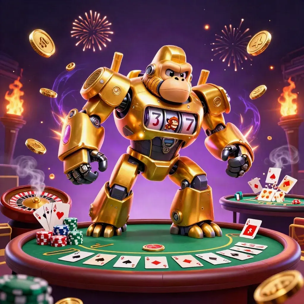 Golden gorilla mech with monkey pilot amid casino chips, coins, fireworks and purple-gold magic.