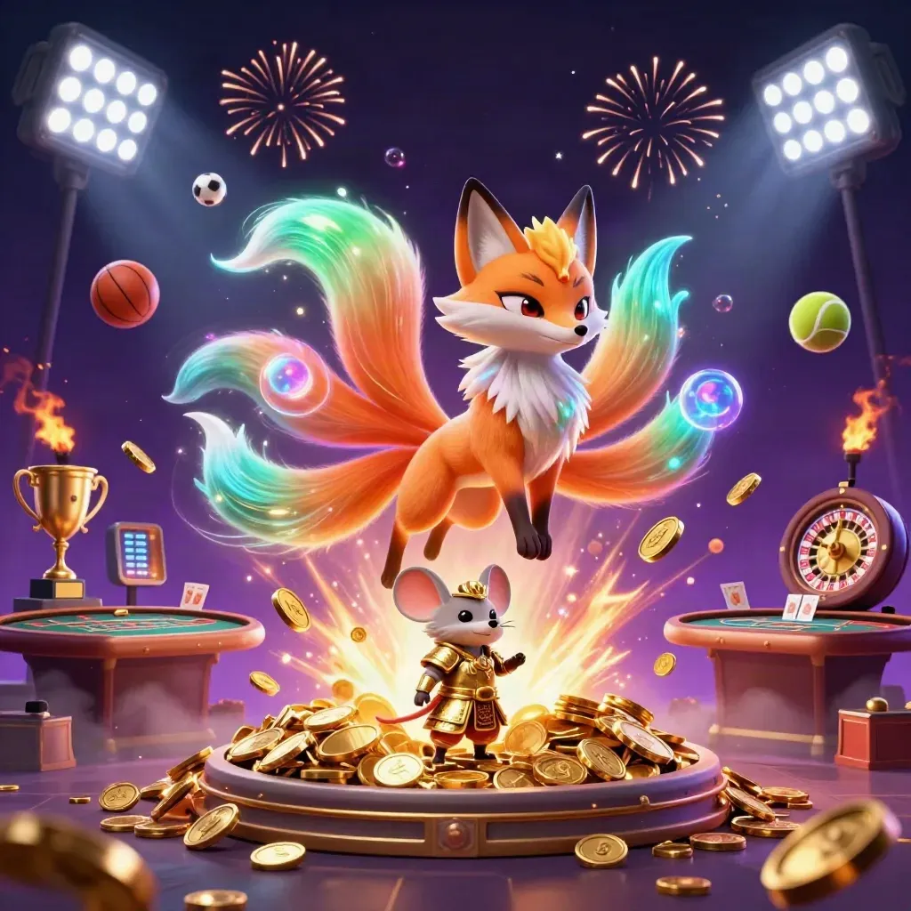 Nine-tailed fox spirit and samurai mouse amid coins, roulette wheel, trophy, and casino lights.
