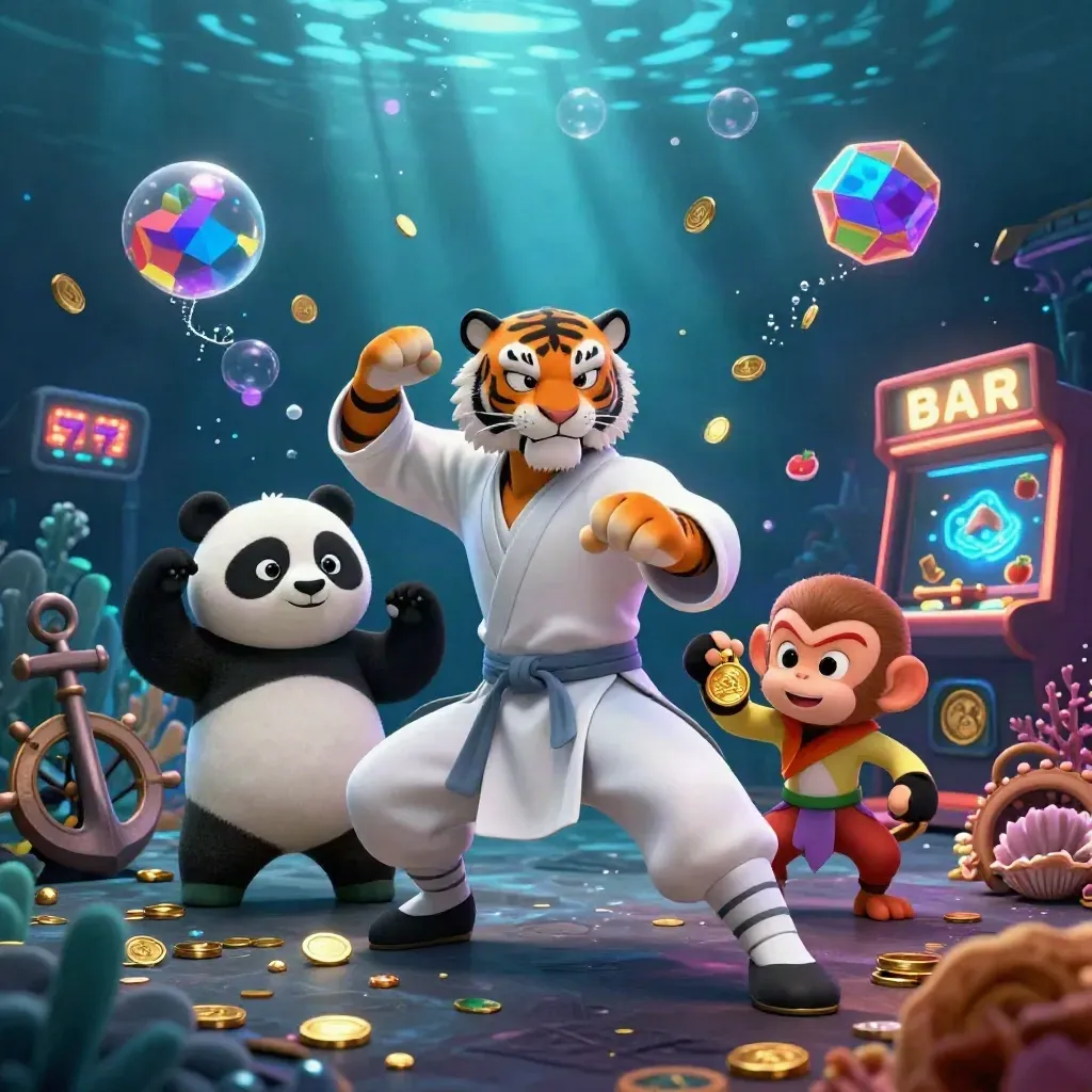 Kung-fu tiger, panda, and monkey in an underwater treasure cove with casino reels and gold coins