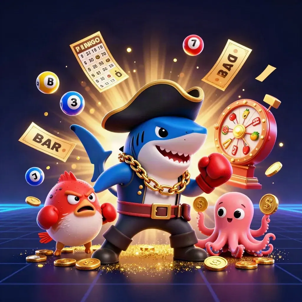 Pirate shark, boxing pufferfish, and juggling octopus amid casino reels and gold coins.