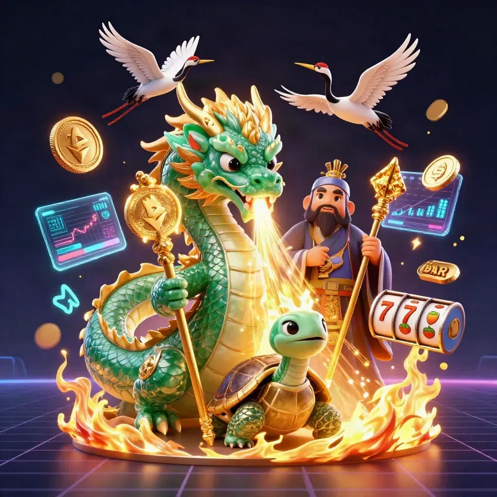 Emerald dragon, turtle sage, and cranes amid casino coins and golden fire