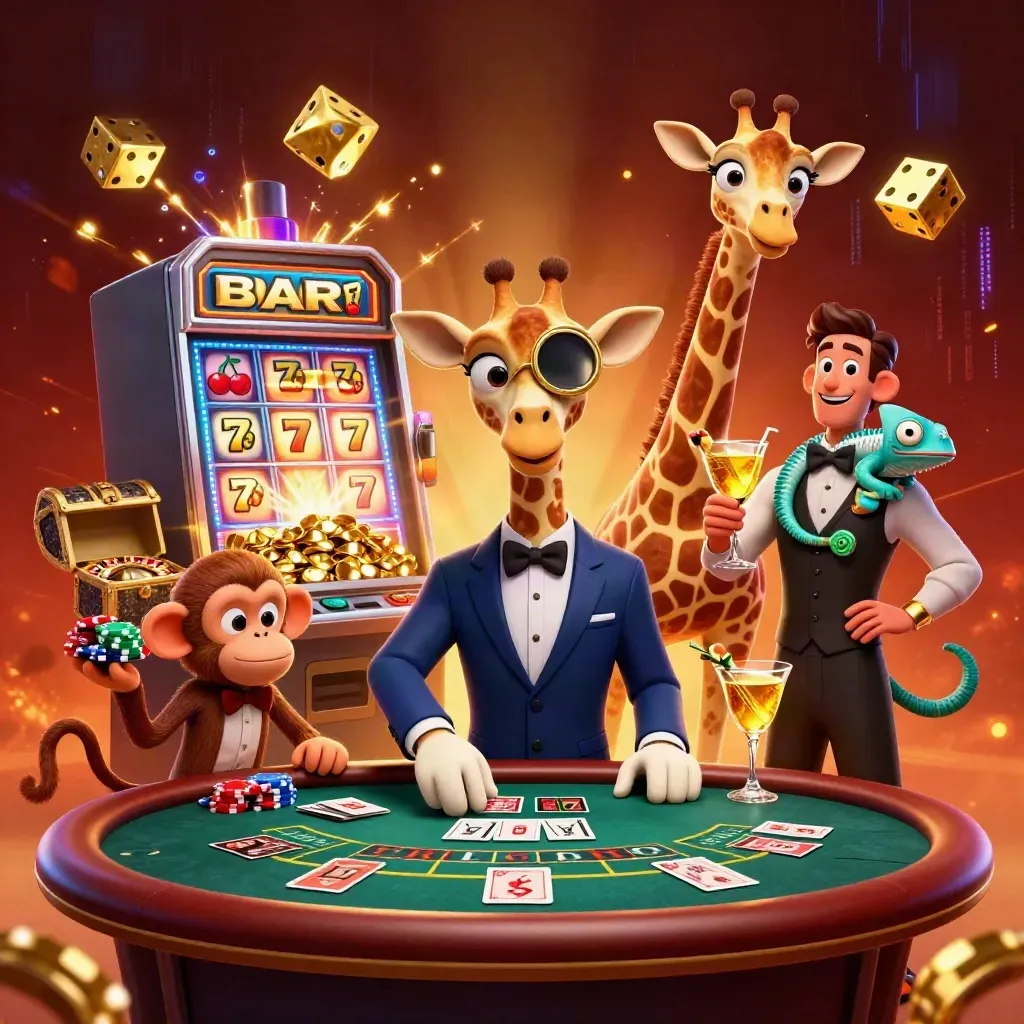 Giraffe, monkey valet, and chameleon bartender amid jackpot slot sparks and gold