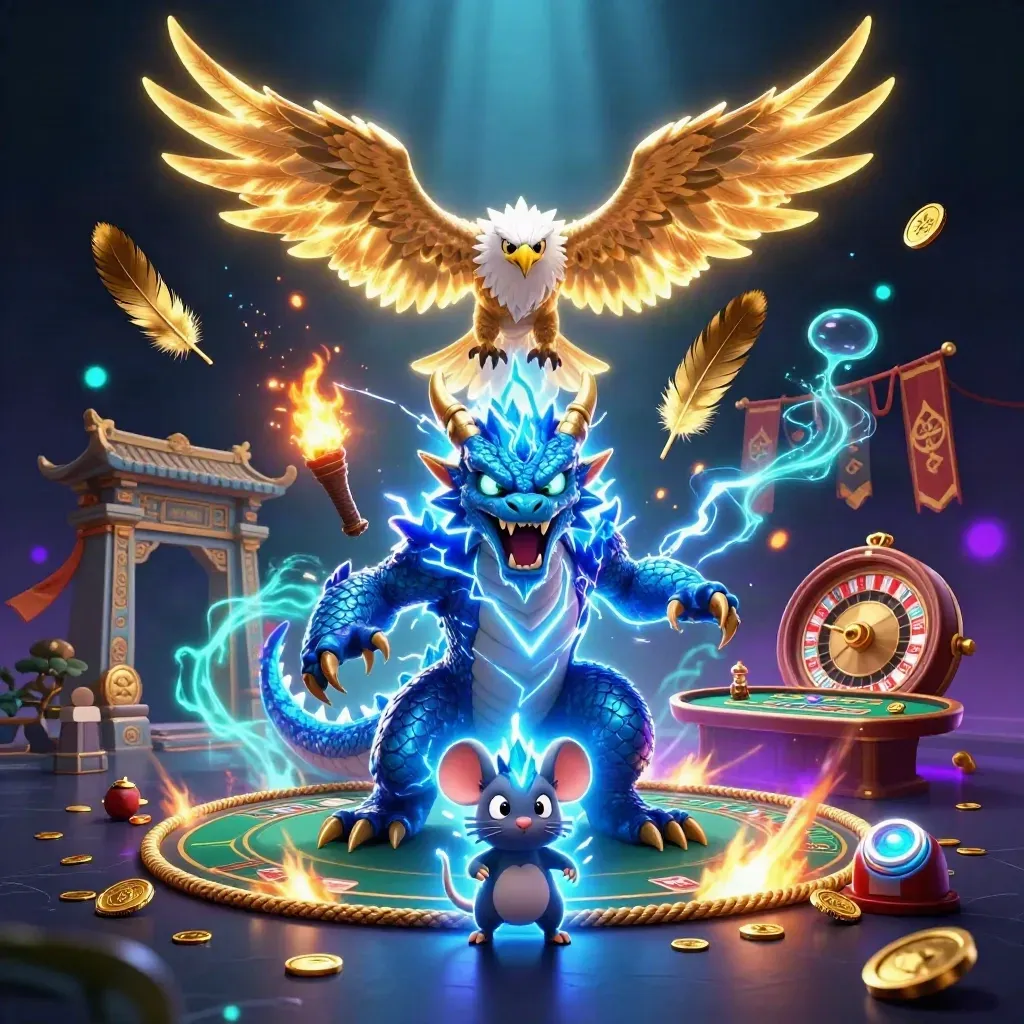 Thunder dragon, wind hawk and mouse amid casino rewards, coins and neon lightning.