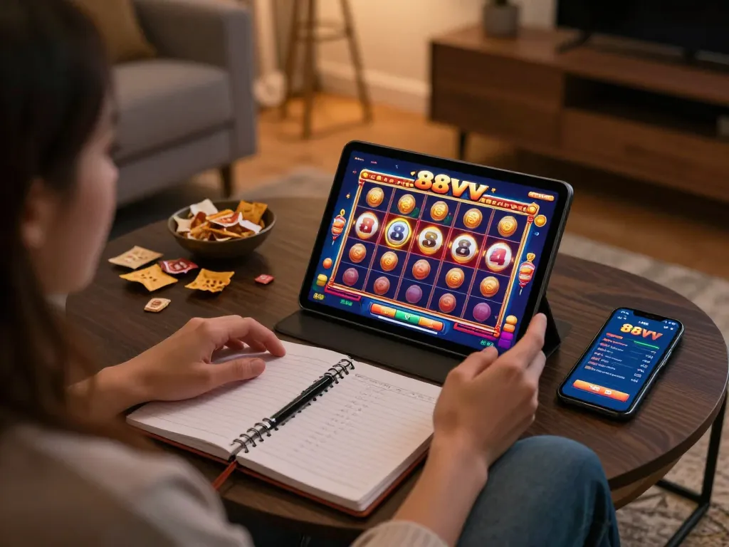 Experience 88vv slot games on a tablet in a cozy living room, showcasing online gambling fun.