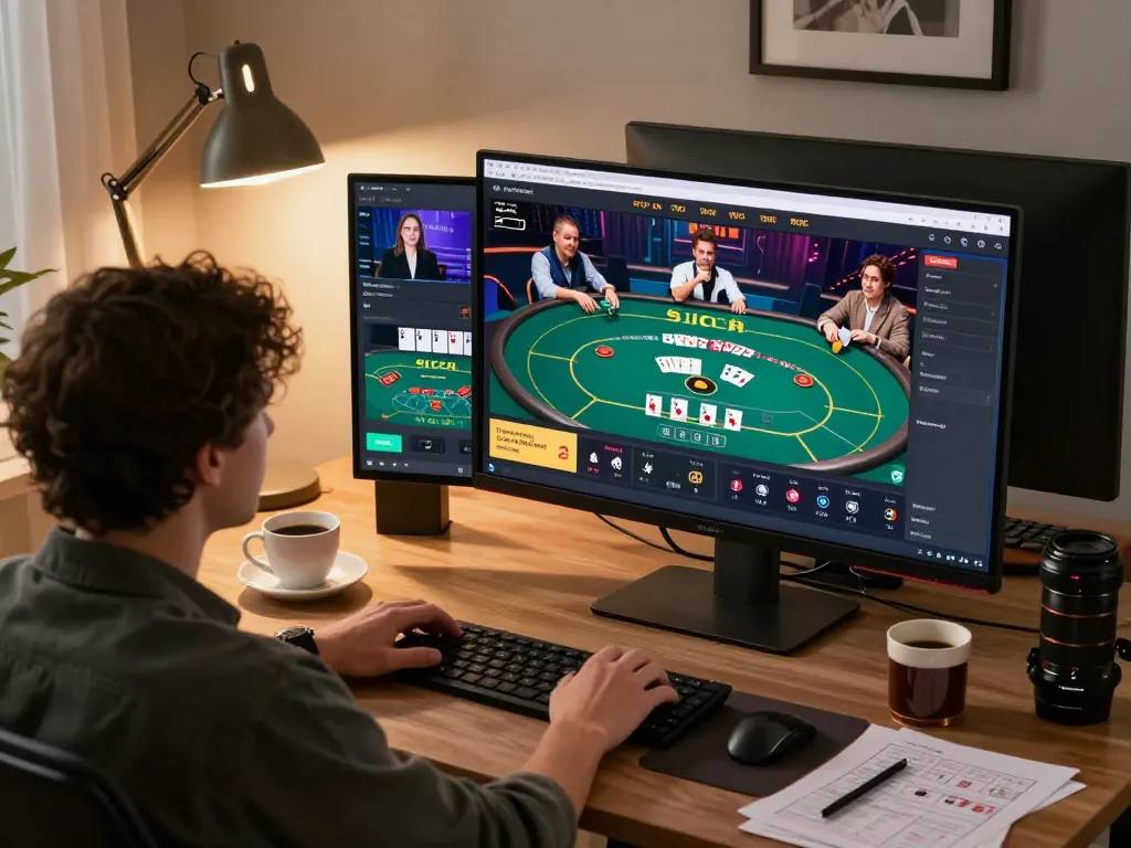 Player engaging with Kasino live games on multiple screens, enjoying online gambling experience.