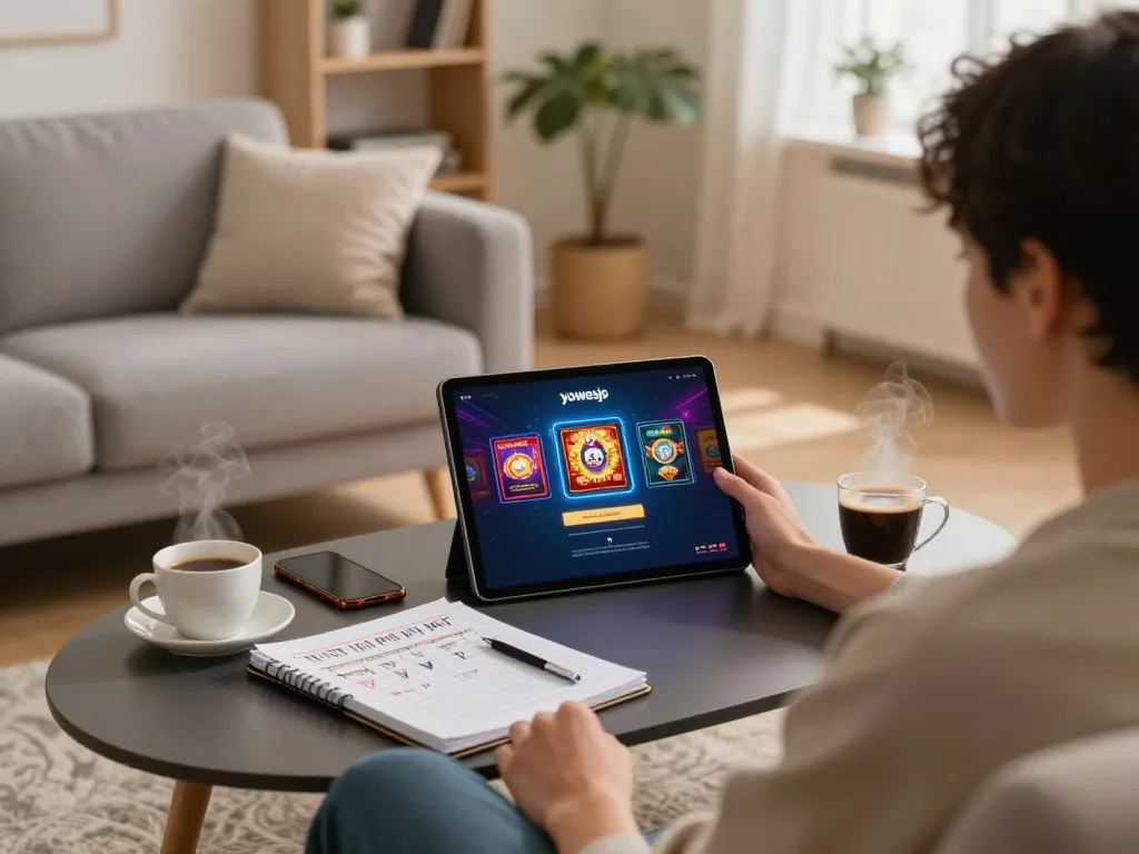 Login to yowesjp on tablet during cozy home gaming session with strategic notes.