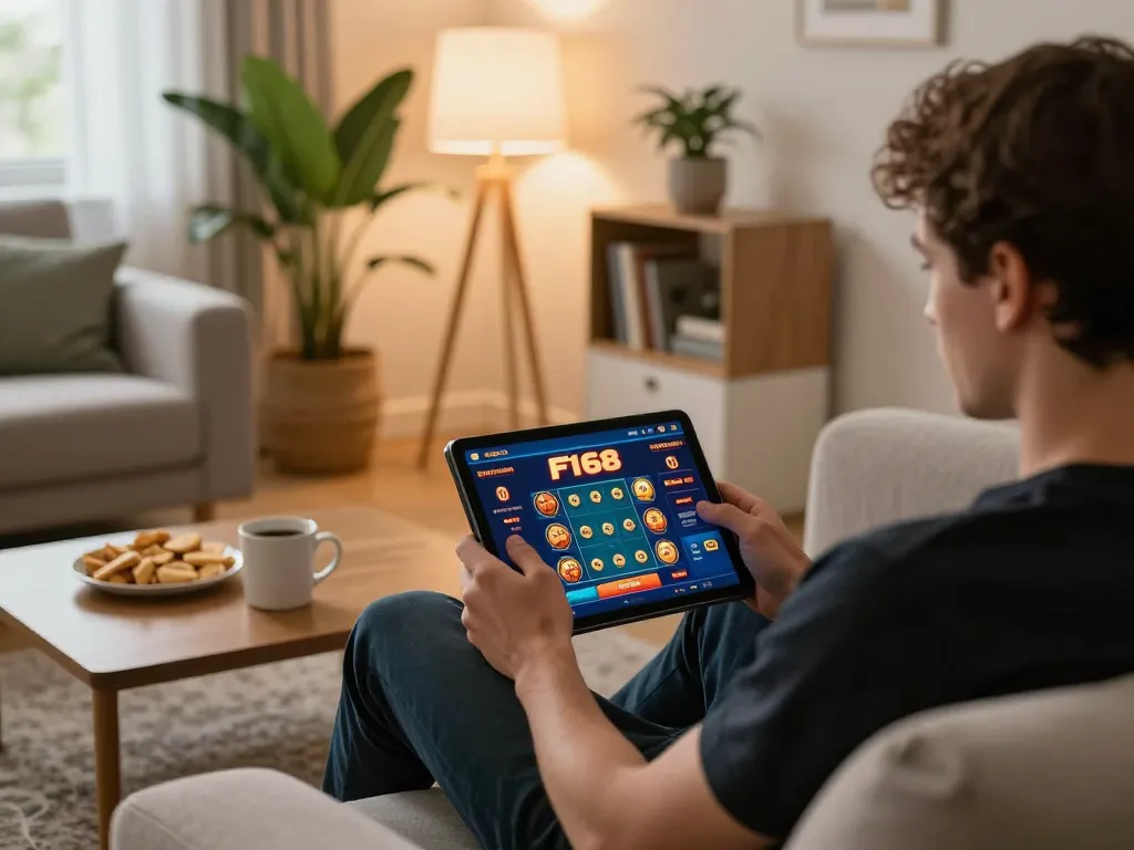 Person playing the F168 casino app on a tablet in a cozy home setting, engaging in online gaming.