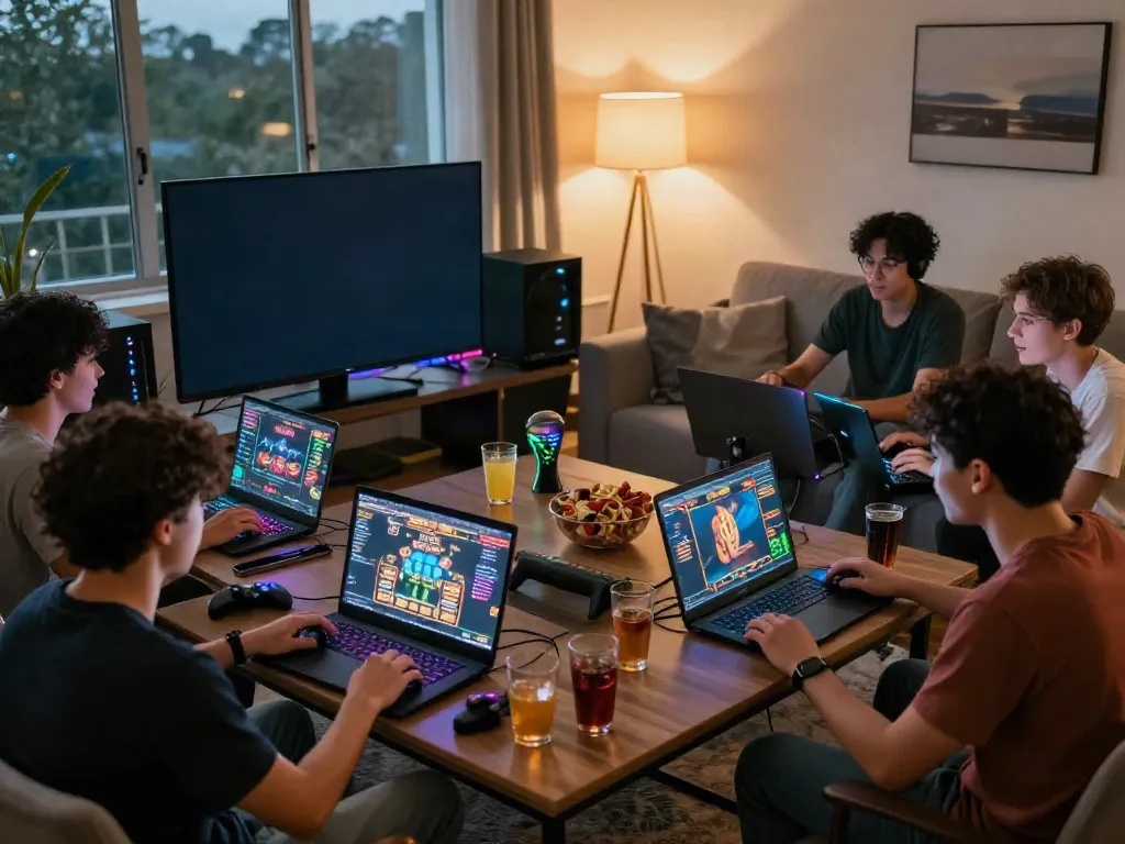 A group of friends playing akunjp online games in a cozy living room.