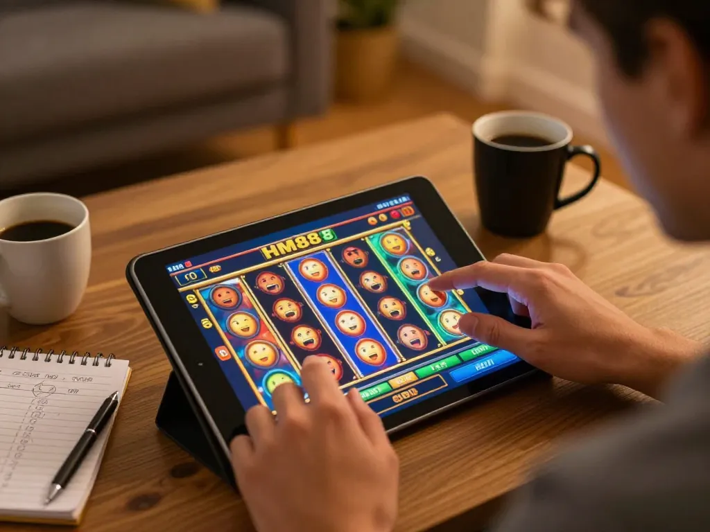 Player enjoying exciting slot game on HM88 platform while managing bankroll in cozy home setting