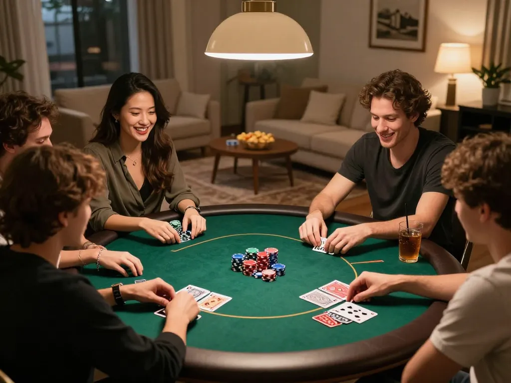 Engaging home poker night with friends at a cozy table featuring cm88 gameplay and colorful chips.