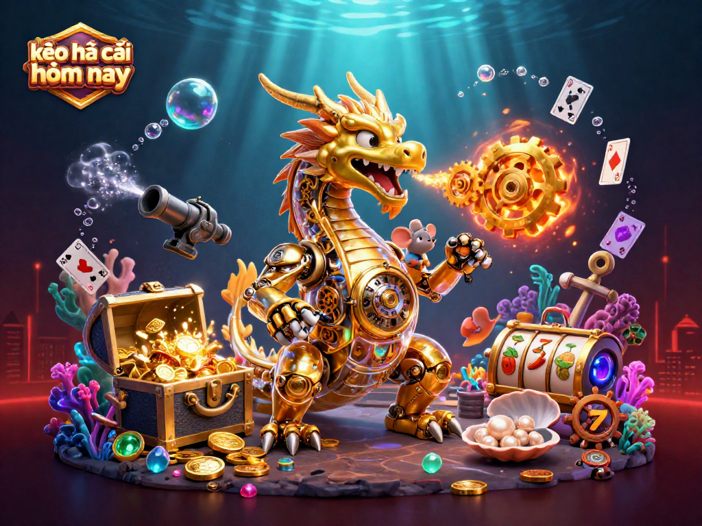 Engage in kèo nhà cái hôm nay with a dynamic golden dragon and treasure-filled scene.