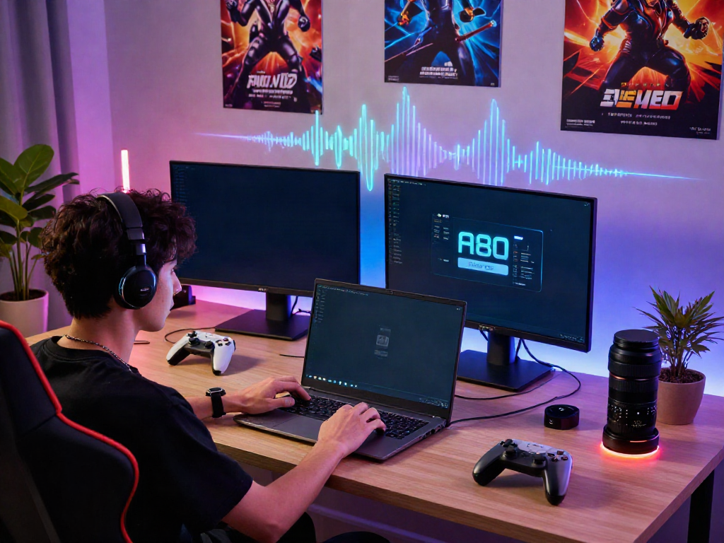 A80 gaming setup featuring a player on a laptop surrounded by LED lights and gaming gear.