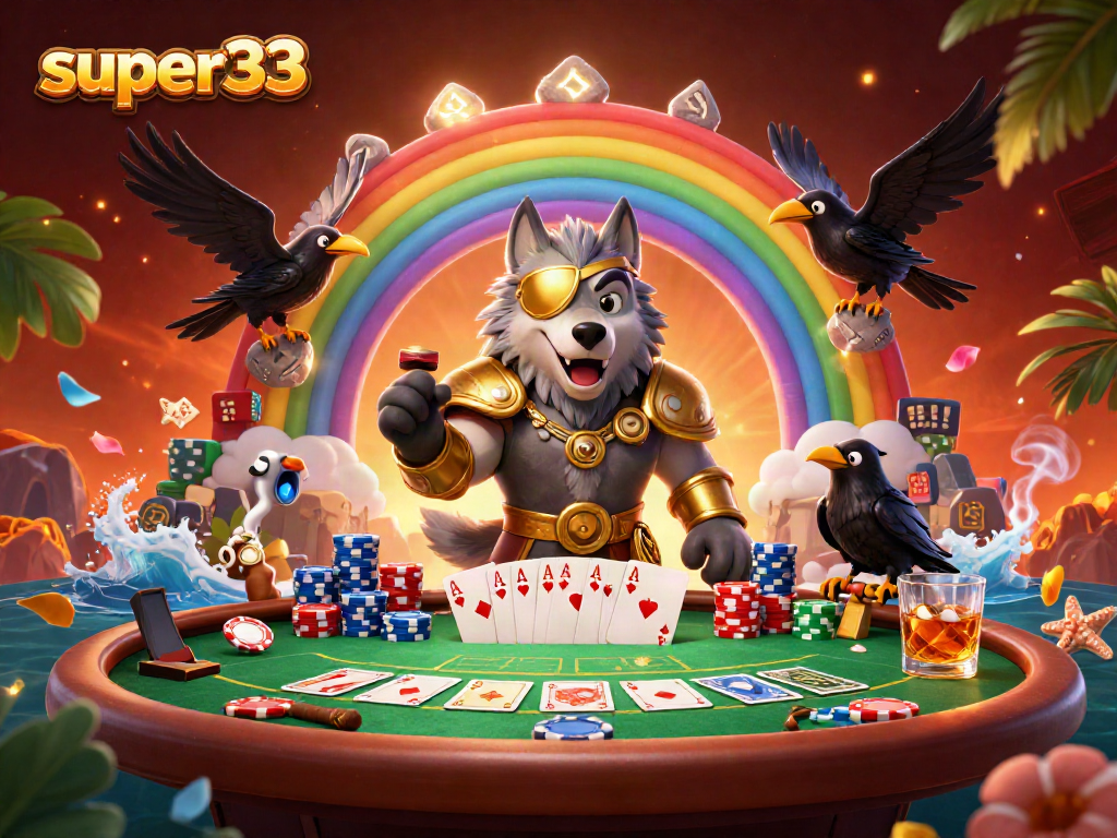 Engage with super33 as the Odin wolf and ravens strategize on a casino-themed battlefield.
