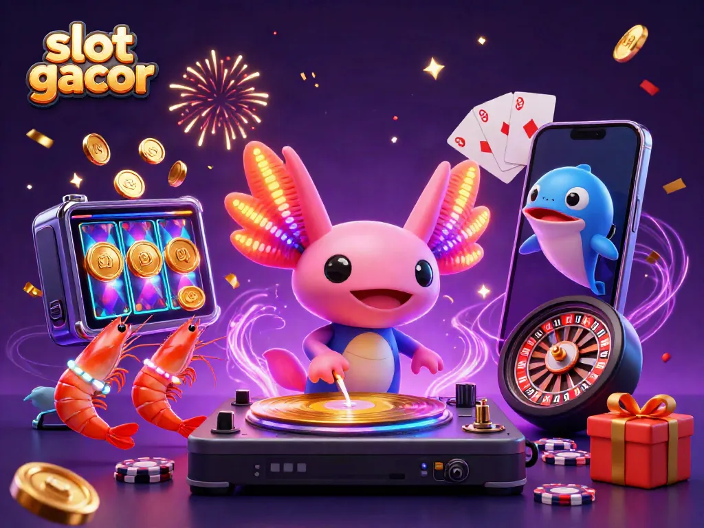 Slot gacor dengan karakter neon bersinar dalam suasana perayaan kasino yang semarak.