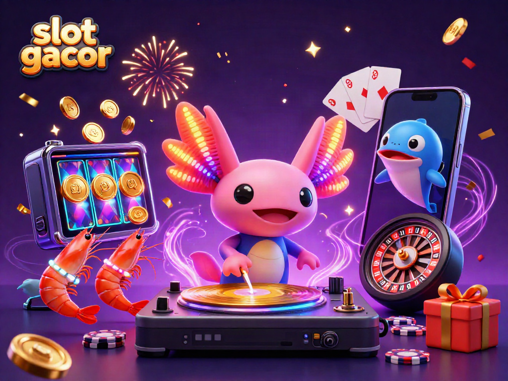 Slot gacor dengan karakter neon bersinar dalam suasana perayaan kasino yang semarak.