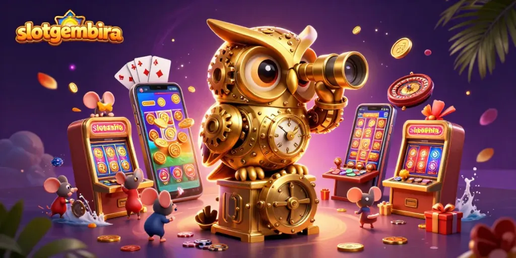 slotgembira-themed illustration showcasing a whimsical casino scene with vibrant characters and game elements