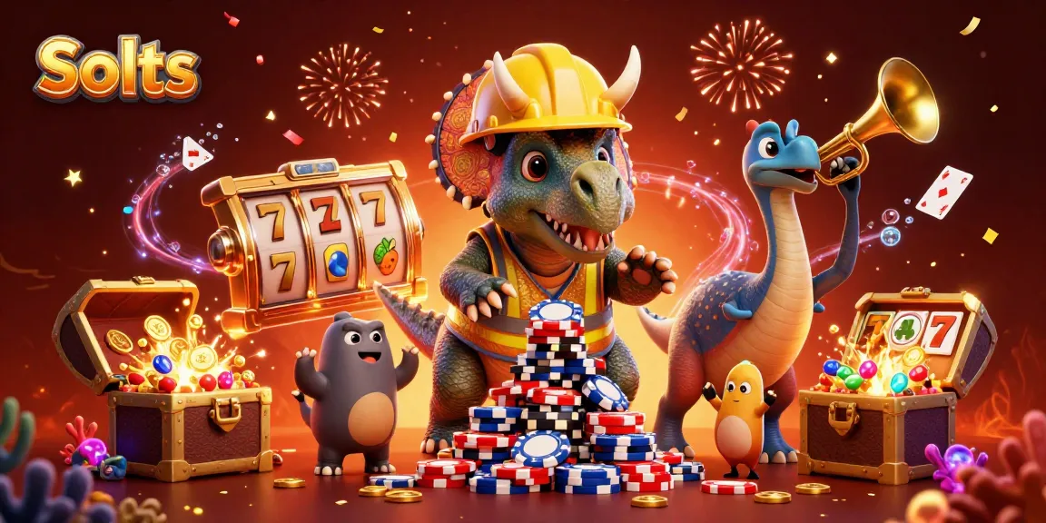 Engaging scene with cartoon triceratops and slots elements celebrating in vibrant colors.